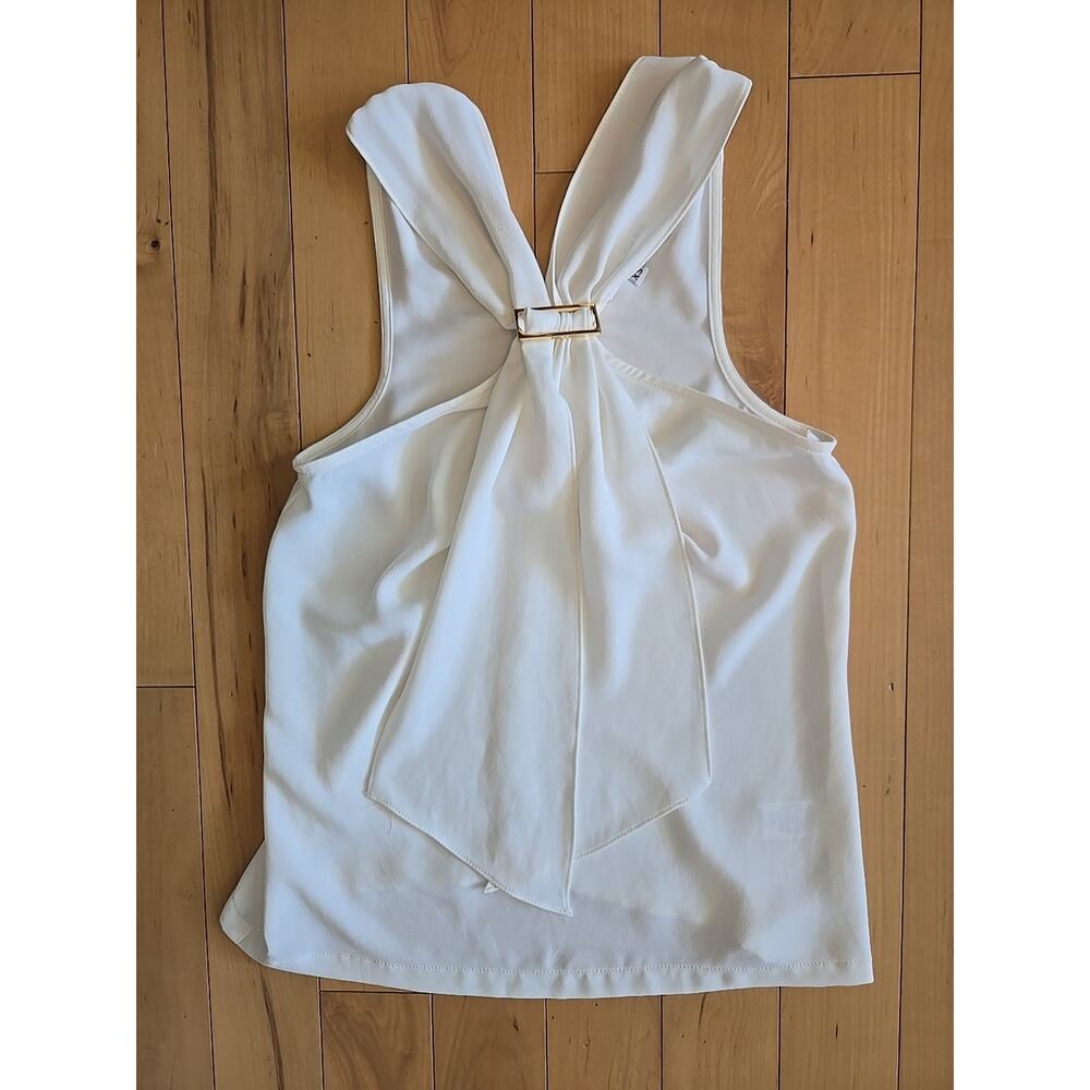 Trina Turk Womens XS BLOUSE‎ Chiffon Tie Neck V Neck Tie Sleeveless Ivory